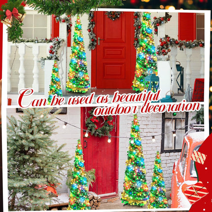 Leyndo 3 Pcs Pop up Christmas Tree with LED Light 3, 4, 5 ft Pre Lit Artificial Collapsible Christmas Tree Green and Gold Pencil Sequin Tinsel Skinny Xmas Tree for Indoor Home Fireplace Decoration
