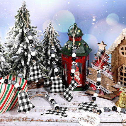 8 Pieces Christmas Tree Ornaments Christmas Buffalo Plaid Hanging Ornaments Wood Bead Garland with Fawn Snowman Angel Bell for Xmas Home Party Decorations(White, Black)