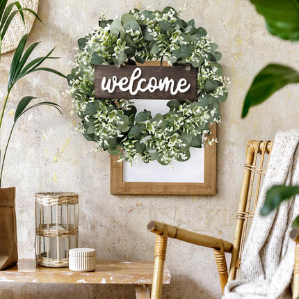 Sggvecsy 16in Artificial Eucalyptus Wreath with Welcome Sign Green Eucalyptus Leaf Wreath Greenery Wreath Round Leaves Wreath for Front Door Wall Window Festival Farmhouse Porch Patio Garden Decor