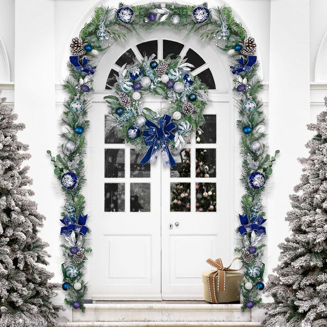 Valery Madelyn 9 feet Pre-Lit Christmas Garland with Lights for Mantle, Lighted Battery Operated Xmas Garland with Silver Blue Balls Ribbons for Front Door Fireplace Table Centerpiece Outdoor Decor