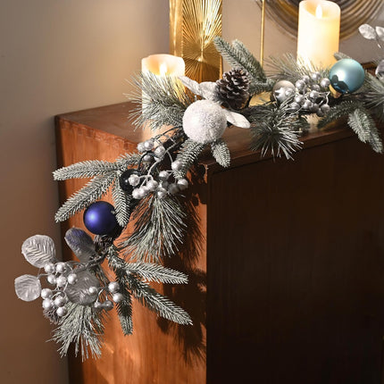 Valery Madelyn 9 feet Pre-Lit Christmas Garland with Light for Mantle, Lighted Battery Operated Xmas Garland with Silver Blue Ball for Front Door Fireplace Table Centerpiece Outdoor Window Home Decor