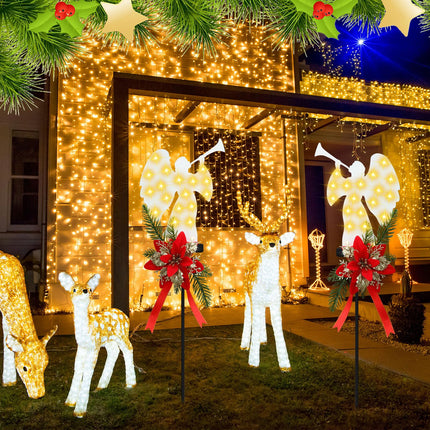 2 Pack Solar Christmas Angel Stake Lights, Solar Powered Led Xmas Angel Metal Stake Lights with Poinsettia, Outdoor Christmas Yard Pathway Lights Decorations for Garden Yard Lawn, 32 Inches