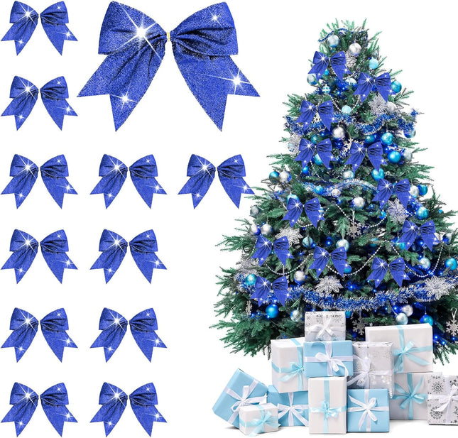 12PCS Christmas Bows for Wreath,Glitter Blue Velvet Wreath Bow for Christmas Décor Winter Bow for Front Door Indoor Outdoor Wall Tree Topper Decoration Supplies Xmas Ornament