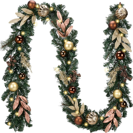 Valery Madelyn 9ft Pre-Lit Christmas Garland with Light for Mantle, Lighted Battery Operated Xmas Garland with Bronze Copper Gold Balls for Front Door Fireplace Table Centerpiece Outdoor Window Decor