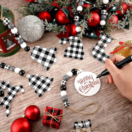 8 Pieces Christmas Tree Ornaments Christmas Buffalo Plaid Hanging Ornaments Wood Bead Garland with Fawn Snowman Angel Bell for Xmas Home Party Decorations(White, Black)