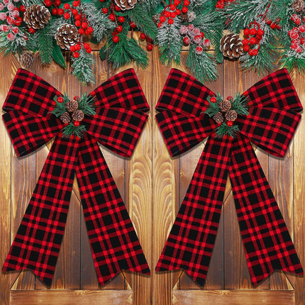 MCEAST 2 Pieces Christmas Red Bows Christmas Wreath Bows Xmas Buffalo Plaid Bows with Pine Cones Ornaments for Christmas Tree Indoor Outdoor Decorations (Black, Red, Green)
