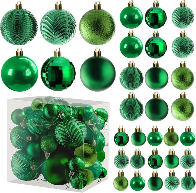 Prextex Christmas Ball Ornaments for Christmas Decorations - 36 pcs Xmas Tree Shatterproof Ornaments with Hanging Loop for Holiday and Party Decorations (6 Styles in 3 Sizes) - Green