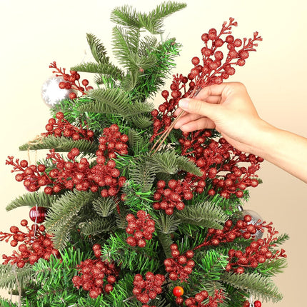 HOHOTIME 36Pcs Christmas Glitter Berries Stems, 9.5 Inch Artificial Christmas Tree Picks for Christmas Tree Decorations Ornaments DIY Crafts Vases Holiday Wedding Home Xmas Decor（Red