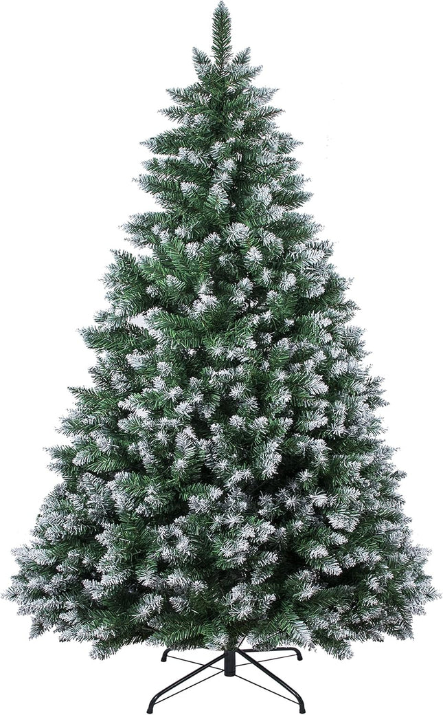 6FT 1,300 Tips Artificial Christmas Pine Tree Fake Xmas Spruce Trees Holiday Decoration with Metal Stand Easy Assembly for Outdoor and Indoor Decor Snow Green
