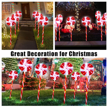 9 Pack Christmas Outdoor Decoration Lollipop Pathway Lights 28.7" Peppermint Candy Cane Walkway Lights 8 Modes Christmas Stake Light for Yard Path Garden Lawn Decor(White Red, White Light)