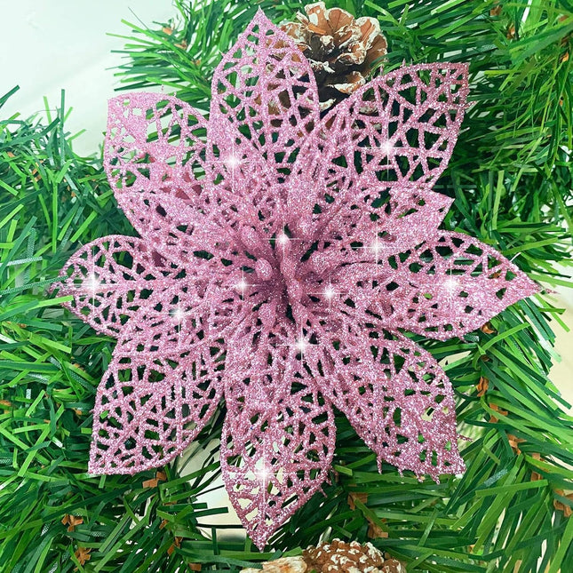 TURNMEON 24 Pack 6 Inch Pink Christmas Glitter Poinsettia Artificial Silk Flowers Picks Christmas Tree Ornaments for Pink Christmas Tree Wreaths Garland Holiday Decoration (Pink)