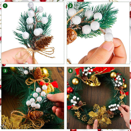 24 Pieces Christmas White Beries Stems Pine Branches White Holly Spray Berry Pine Branch White Berry Stems Pine Stems Winter Pine Cones for Xmas Tree Wreath Garland Crafts Wrapping DIY Ornaments