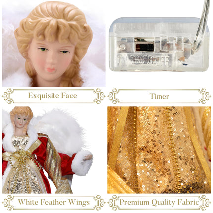 Valery Madelyn Lighted Christmas Tree Topper Angel with Timer, 12 Inch Luxury Red Gold Fabric Small Angel Tree Topper with Lights for Christmas Tree Decoration Indoor, Battery Operated