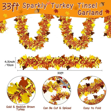 33 FT Thanksgiving Turkey Tinsel Garland, Fall Thanksgiving Party Decorations Shiny Metallic Garland Thanksgiving Turkey Garland for Home Indoor Outdoor Friendsgiving Party Decorations