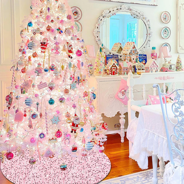 Pink Christmas Tree Skirt 36 Inch Sequin Tree Skirt, Glitter Sequins Tree Mat for Christmas Tree Decorations, Blush Pink Xmas Tree Skirts for Pink Christmas Ornaments