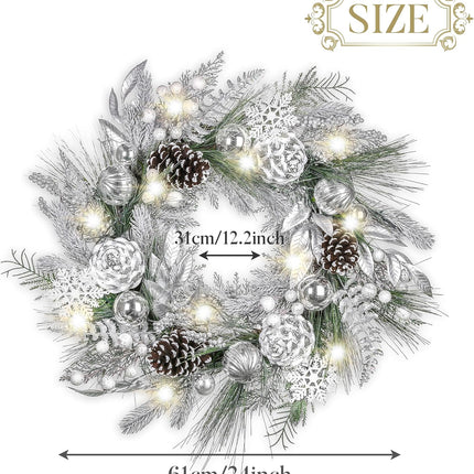 Valery Madelyn 24 Inch Pre-Lit Christmas Wreath for Front Door with Lights, Large Lighted Christmas Wreath with Silver Xmas Balls Snowflakes for Fireplace Window Outdoor Table Centerpiece Decoration