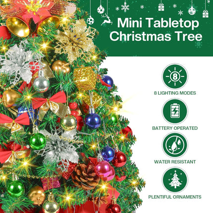 2FT Mini Christmas Tree, Artificial Tabletop Christmas Tree with 60 LED Lights, Prelit Small Christmas Tree, 100 Branch Tips, 80 Ornaments, Indoor Christmas Table Decor for Home Party