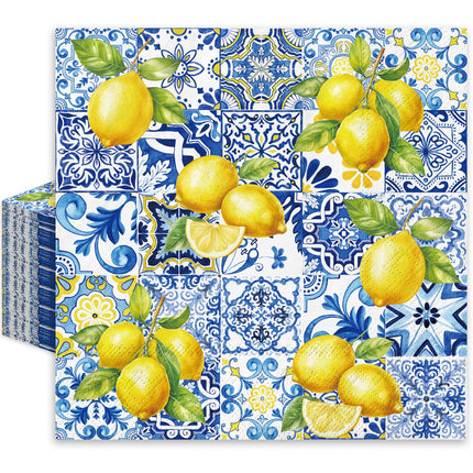80Pcs Tiles Lemons Paper Napkins Blue Yellow Disposable Napkins Decorative Dinner Napkins Luncheon Napkins for Party Supplies Table Decor