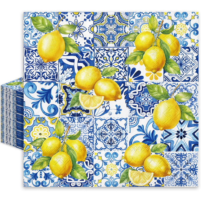 80Pcs Tiles Lemons Paper Napkins Blue Yellow Disposable Napkins Decorative Dinner Napkins Luncheon Napkins for Party Supplies Table Decor