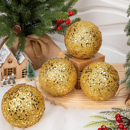 4" 6 Pcs Christmas Balls Ornaments Set Hanging Decorations, Large Xmas Tree Ornaments Balls, Shatterproof Glitter Indoor Christmas Decoration for Tree Holiday Garland Party Bowl Filler, Gold