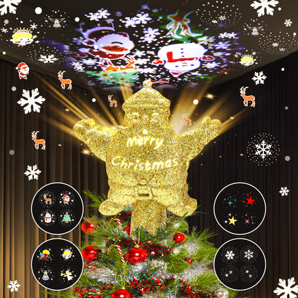 Christmas Tree Topper Lighted with 4 Projection Patterns, Santa Claus Tree Topper Built-in LED Rotating Lights, Stunning Gold 3D Projection for Xmas Party Holiday Decor