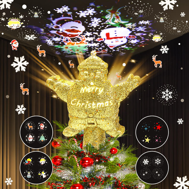Christmas Tree Topper Lighted with 4 Projection Patterns, Santa Claus Tree Topper Built-in LED Rotating Lights, Stunning Gold 3D Projection for Xmas Party Holiday Decor