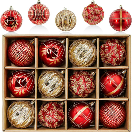 Christmas Ornaments 3.15In Shatterproof Christmas Tree Decorations Sets 12ct Xmas Hanging Ornaments Large Baubles Ornaments Decor for Xmas Tree, Red Gold