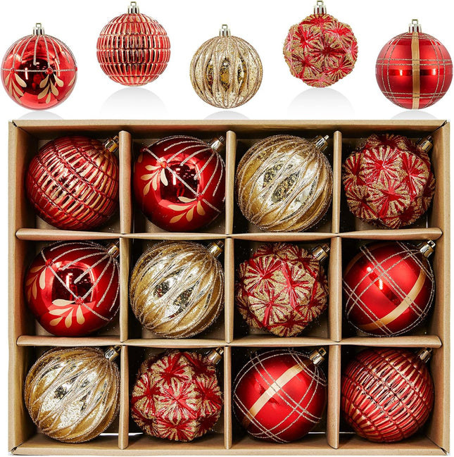 Christmas Ornaments 3.15In Shatterproof Christmas Tree Decorations Sets 12ct Xmas Hanging Ornaments Large Baubles Ornaments Decor for Xmas Tree, Red Gold
