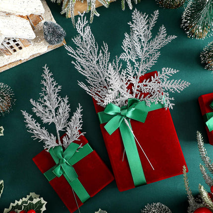 Panelee 45 Pcs Christmas Artificial Faux Cedar Branches, Artificial Pine Leaves,Christmas Greenery Fake Stems Christmas Tree Picks for Vase Garland Wreath Craft DIY Home Decoration(Silver Glitter)