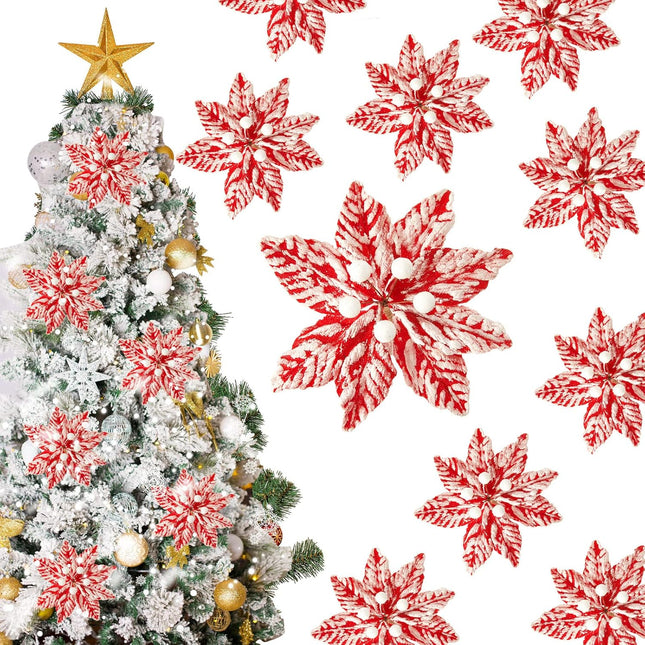 Red White Poinsettia Artificial Christmas Flowers Decoration Christmas Flowers Snow Spray Christmas Tree Picks Decorative Christmas Flower Stem for Xmas Wreath Decorations(24 Pieces,5.5 Inches)