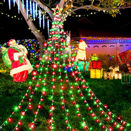 KNO Outdoor Christmas Decorations Waterfall Star Lights,344 LED 8 Modes Tree Light,Plug in Clear Wire Waterproof Seasonal Lighting Decor for Xmas Tree Wedding Yard Holiday Garden Red Green