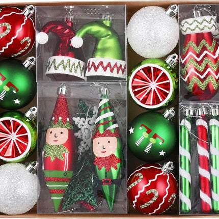 Valery Madelyn Christmas Ball Ornaments, 40ct Elf Red Green White Shatterproof Christmas Tree Decorations Set, Variety Whimsical Decorative Hanging Ornament Bulk for Xmas Holiday Party Decor