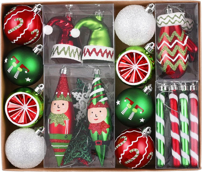 Valery Madelyn Christmas Ball Ornaments, 40ct Elf Red Green White Shatterproof Christmas Tree Decorations Set, Variety Whimsical Decorative Hanging Ornament Bulk for Xmas Holiday Party Decor