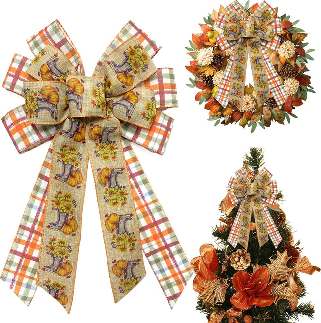 Large Fall Thanksgiving Wreath Bow for Front Door Vintage Pumpkin Sunflower Plaid Burlap Linen Bow for Wreath Thanksgiving Christmas Party Home Wall Decoration Ornament Supplies