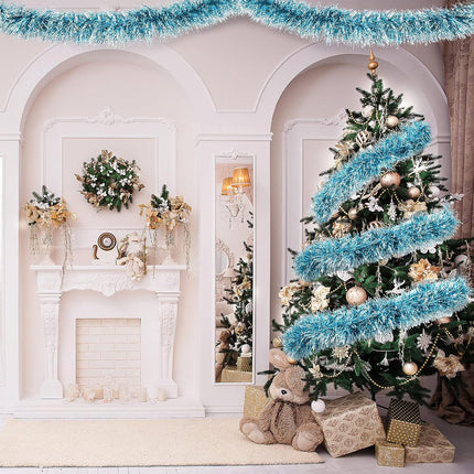 Christmas Tinsel Garland Metallic Shiny Garland Christmas Tree Tinsel Decor Xmas Hanging Tinsel Wreath for Christmas Home and Party Indoor Outdoor Holiday Embellishments (Light Blue, 39.4 Feet)