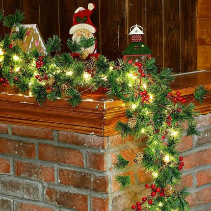 Ceenna 6 Pcs Christmas Garland with Lights, Pre Lit 6 ft Cones Berry Battery Operated Pine Garland, 25 LED Lights Christmas Decorations for Outdoor Fireplace Mantel Home Rooms (Red Berry)