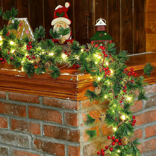 Ceenna 6 Pcs Christmas Garland with Lights, Pre Lit 6 ft Cones Berry Battery Operated Pine Garland, 25 LED Lights Christmas Decorations for Outdoor Fireplace Mantel Home Rooms (Red Berry)