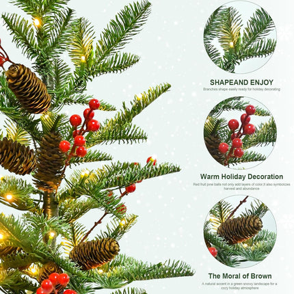 2FT Pre-lit Mini Christmas Tree with 30 LED Lights, Battery-Operated Tabletop Tree with Timer, Pine Cones & Berries – Ideal for Party Decorations and Holiday Décor