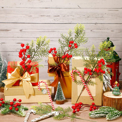 Panelee 48 Pcs Christmas Artificial Pine Branches with Red Berry Stems 12.8''Christmas Pine Needles for DIY Fake Greenery Christmas Garland Wreath Xmas Embellishing Flower Arrangements Decoration