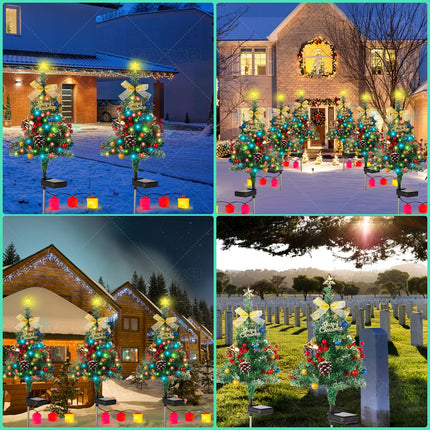 Solar Christmas Tree Decorations Outdoor Lights 2 Packs with 60 LED 50 Xmas Ornaments 6 Lighted Boxes 8 Modes 34Inch Mini Prelit Christmas Tree for Porch Pathway Yard Garden Grave Cemetery