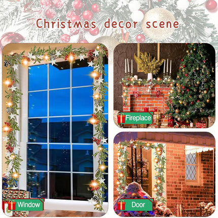 9ft Snowy Olive Christmas Garland with Lights, Pines and Stars,Battery Operated Garland with Timer, Christmas Garlands for Fireplace,StairRailing,Indoor, Outdoor Decor
