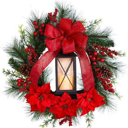 Nearly Natural 28in. Poinsettia and Berry Holiday Lantern Christmas Wreath with LED Candle,Red