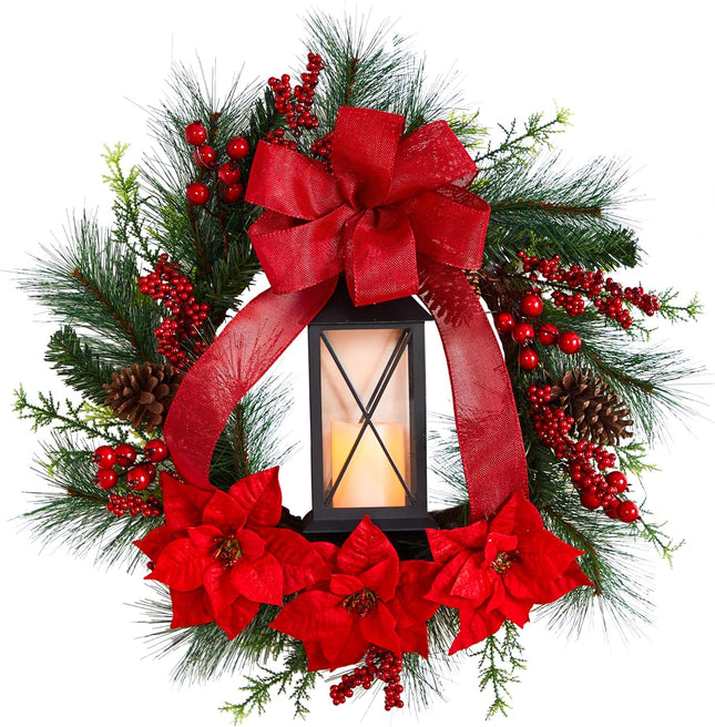 Nearly Natural 28in. Poinsettia and Berry Holiday Lantern Christmas Wreath with LED Candle,Red