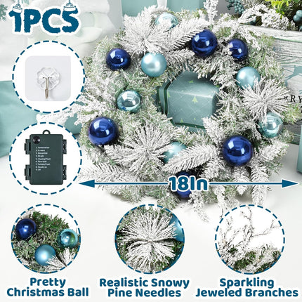 Christmas Wreath Christmas Decorations - 18" Christmas Wreaths for Front Door with Lights, Artificial Snowy Pine Branches Blue Ball Christmas Reef for Home Wall Windows Holiday Xmas Decor