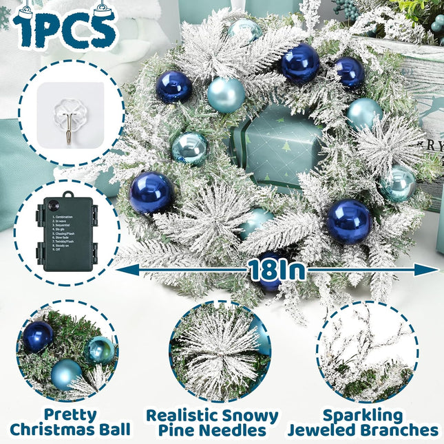 Christmas Wreath Christmas Decorations - 18" Christmas Wreaths for Front Door with Lights, Artificial Snowy Pine Branches Blue Ball Christmas Reef for Home Wall Windows Holiday Xmas Decor