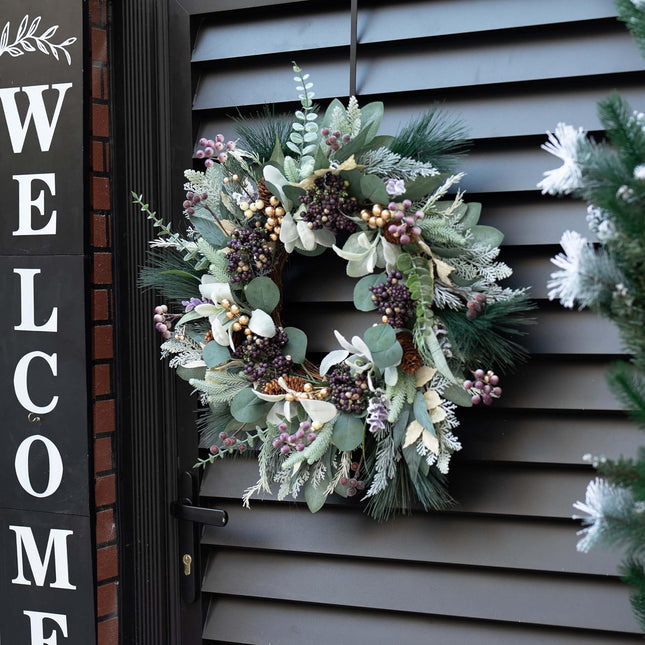 Christmas Wreath for Front Door, Soomeir Artificial Winter Wreaths with Snow Leaves, Pine Needles and Blueberry Berries, for Home Window Indoor Outdoor Decor Decorations
