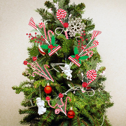 6pcs Christmas Tree Picks Decorations, Red White Green Candy Canes Berry Tree Picks for Christmas Tree Fillers, Grinchmas Christmas Tree Ornaments, Peppermint Sticks Floral Stems