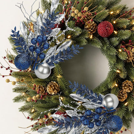 DILATATA 3 Pcs Christmas Glitter Leaves Fern Stems with Ball Ornament, Bay Leaves, 15 Inch Artificial Christmas Picks Floral Branches for Christmas Tree, Xmas Wreath, Centerpieces, Home Decor - Blue