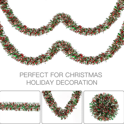 Sggvecsy 49.2Ft Christmas Green Red Silver Tinsel Garland Xmas Tree Decorations Christmas Metallic Twist Garland Ceiling Hanging Decorations for Year Party Birthday Holiday Indoor Outdoor Supplies