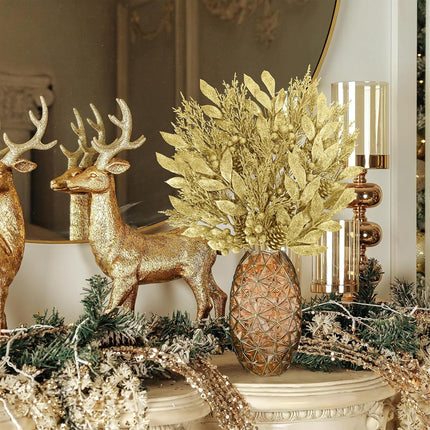 Winlyn 24 Pcs Christmas Artificial Leaf Sprays Pine Needles Pinecone Berries Stems Gold Glittered Christmas Decoration Picks 12.2"- 14.2" Tall for Gold Christmas Tree Seasonal Wreath Holiday Décor